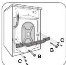 Technical diagram of a refrigerator with labeled parts A, B, C and internal components