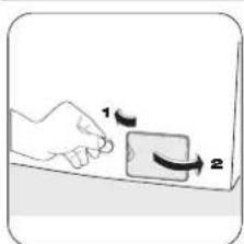 Diagram showing a hand pressing a button with two labeled arrows indicating rotation or movement.