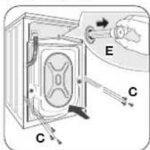 Diagram of a refrigerator interior with labeled parts C and E, showing hand insertion and valve mechanism