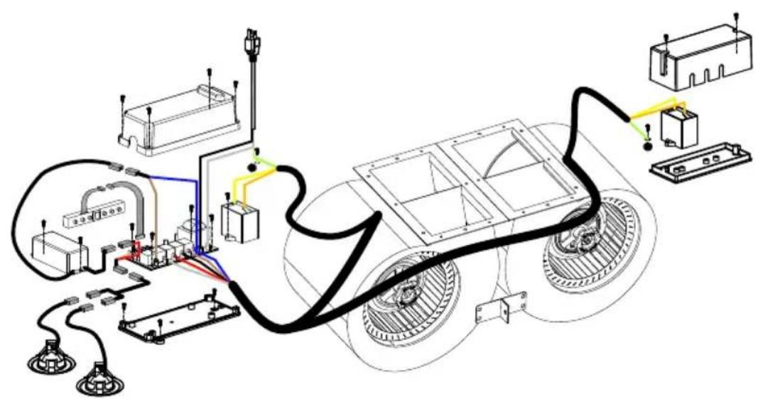 Technical diagram of an automotive chassis with labeled components and wiring connections