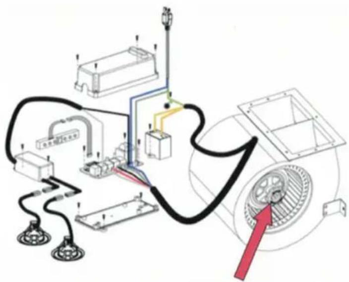 Technical diagram of an electrical device with labeled components and a red arrow pointing to a fan-like component.