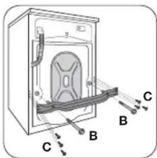 Diagram of a refrigerator with labeled parts C, B, and an internal component, likely for safety or appliance repair instructions.