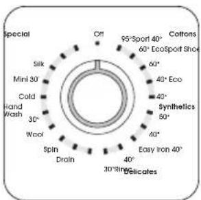 Special Silk Mini 30° Cold Hand Wash 30° Wool Spin Drain Cottons 95°Sport 40° 60° EcoSpot Shoe 40° Eco 40° Synthetics 50° Easy Iron 40° 30°Delicates