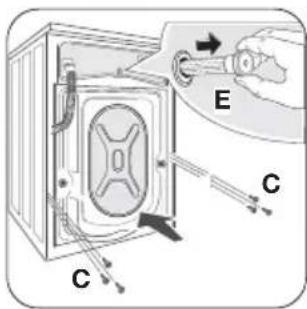 Diagram of a refrigerator with labeled parts C and E, showing internal components and a hand inserting a plug into the door.