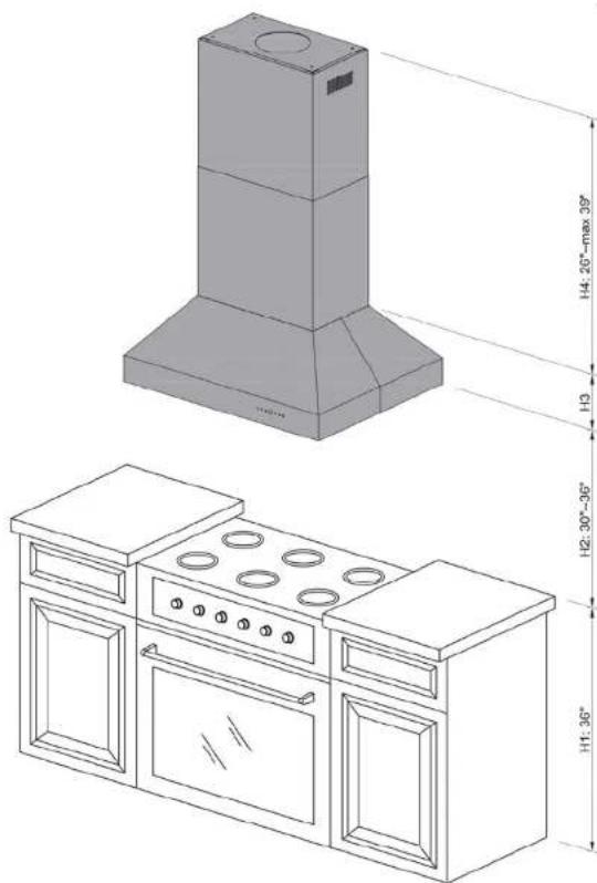 Technical drawing of a kitchen range hood and its corresponding isometric view with dimension labels