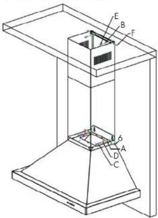 Technical diagram of a mechanical or architectural component with labeled parts A, B, C, D, E, F and numbered features 6, 7.