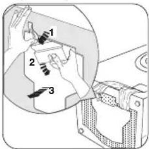 Diagram showing hands cleaning a device with numbered components: 1, 2, and 3.