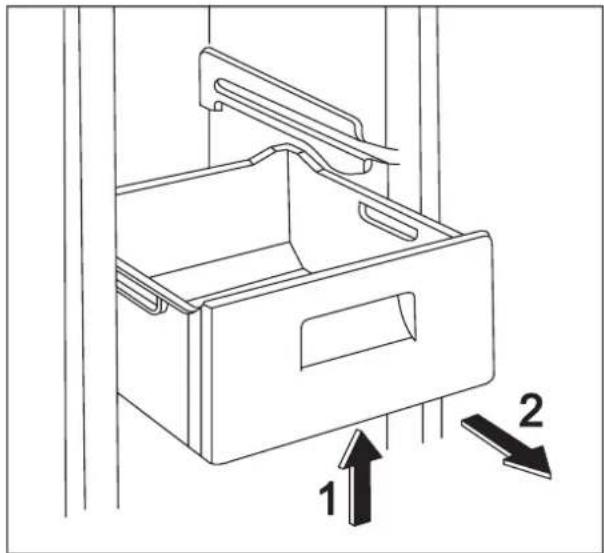 Line drawing of a refrigerator drawer with two directional arrows indicating movement (no text or symbols)