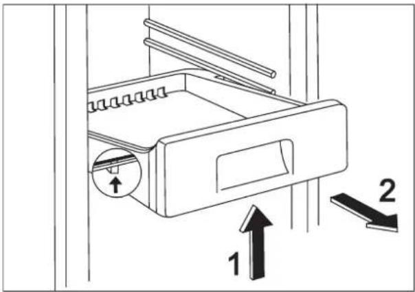 Diagram of a refrigerator drawer with labeled parts and directional arrows indicating movement or assembly.