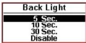 Back Light 5 Sec. 10 Sec. 30 Sec. Disable