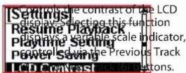 Settings Display: Select this function Resume Playback Display: a variable scale indicator, Playtime Setting Control d via the Previous Track Power Saving LCD Convea Stock to Buttons.