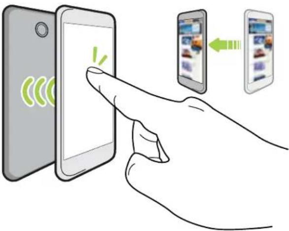 Illustration showing a hand interacting with a smartphone displaying app icons, with one device pointing at it and others moving in the background.