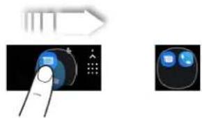 Diagram showing a finger pressing a button on a screen with an arrow pointing to it, alongside a close-up of a blue eye icon.
