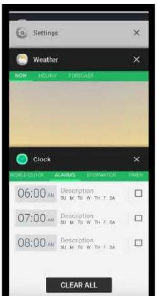Settings Weather NOW HOURS FORECAST Clock WORLD CLOUD ALARMS STOP/STOP TIME 06:00 AM Description SU M TU W TH F SA 07:00 AM Description SU M TU W TH F SA 08:00 AM Description SU M TU W TH F SA CLEAR ALL