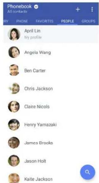 Phonebook All contacts BY PHONE FAVORITES PEOPLE GROUPS April Lin My profile Angela Wang Ben Carter Chris Jackson Claire Nicols Henry Yamazaki James Brooks Jason Holt Kaite Jackson