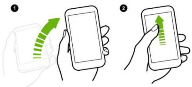 Illustration showing two-step smartphone touch screen operation: adding a green arrow to the screen and adding an upward arrow to the screen.