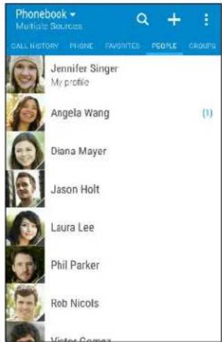 Phonebook Multiple Sources CALL HISTORY PHONE FAVORITES PEOPLE GROUPS Jennifer Singer My profile Angela Wang (1) Diana Mayer Jason Holt Laura Lee Phil Parker Rob Nicols Victor Gomez