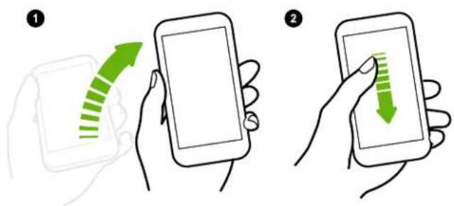 Illustration showing two-step smartphone touch screen operation: one with green arrow indicating direction, the other with downward arrow indicating change.