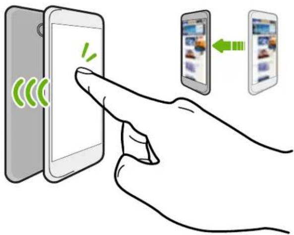 Illustration showing a hand interacting with a smartphone screen, with green signal waves indicating wireless signals and icons representing mobile devices.