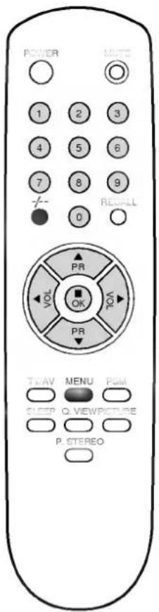 POWER MUTE 1 2 3 4 5 6 7 8 9 + - 0 REC/ALL PR VOL OK TVAV MENU PGM CLEEP Q. VIEWPICTURE P. STEREO