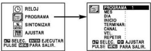 RELOJ PROGRAMA SINTONIZAR AJUSTAR SELECT. ENTER EJECUTAR PULSE MENU PARA SALIR. PROGRAMA 1 MES : DIA : INICIO : TERMINAR : CANAL : VEL : REPETIR : SELECT. AJUSTAR PULSE MENU PARA SALIR.