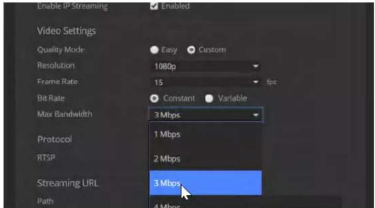 Enable IP Streaming Enabled Video Settings Quality Mode Easy Custom Resolution 1080p Frame Rate 15 fps Bit Rate Constant Variable Max Bandwidth 3 Mbps Protocol 1 Mbps RTSP 2 Mbps Streaming URL 3 Mbps Path 4 Mbps