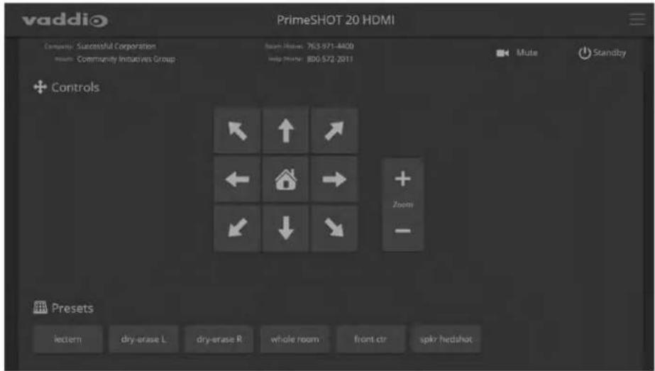 vaddio PrimeSHOT 20 HDMI Company: Successful Corporation Room: Community Initiatives Group Mute Standby + Controls ← ↑ → + ← → + Zoom - Presets lectem dry-erase L dry-erase R whole room front cr spkr hedshot