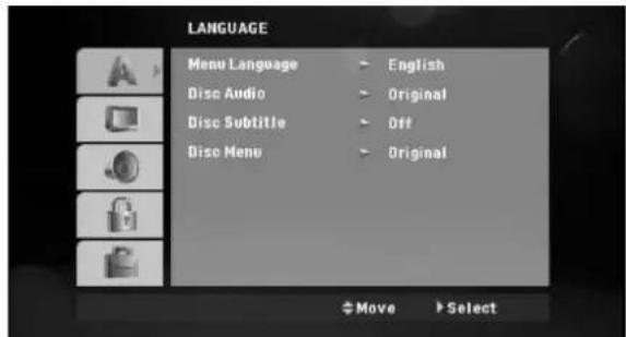 LANGUAGE Menu Language > English Disc Audio > Original Disc Subtitle > Off Disc Menu > Original Move > Select