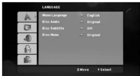 LANGUAGE Menu Language > English Disc Audio > Original Disc Subtitle > Off Disc Menu > Original Move > Select