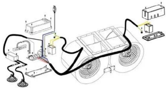 Technical diagram of a vehicle chassis with labeled components and wiring connections