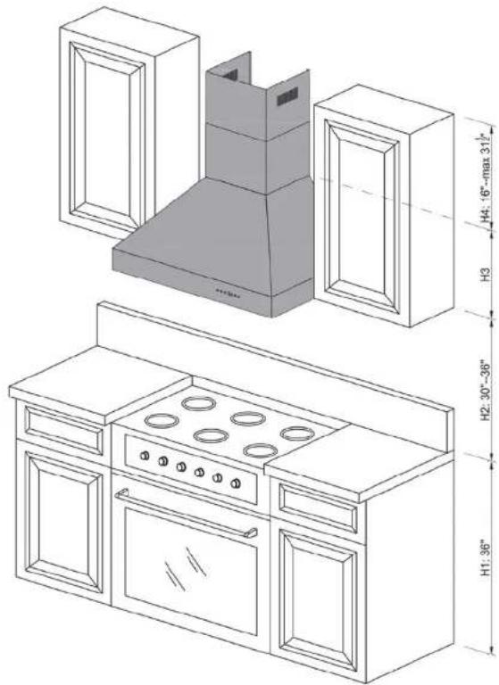 Technical drawing of a kitchen oven with labeled dimensions including height, width, and top view