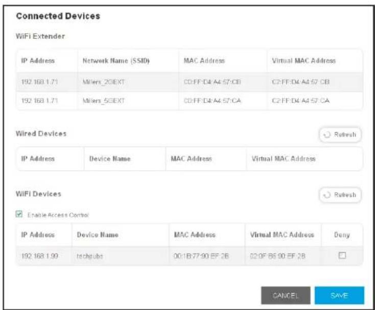 Connected Devices WiFi Extender IP Address Network Name (SSID) MAC Address Virtual MAC Address 192.168.1.71 Millers_2GEXT C0:FF:D4:A4:57:CB C2:FF:D4:A4:57:CB 192.168.1.71 Millers_5GEXT C0:FF:D4:A4:57:CA C2:FF:D4:A4:57:CA Wired Devices IP Address Device Name MAC Address Virtual MAC Address WiFi Devices Enable Access Control IP Address Device Name MAC Address Virtual MAC Address Deny 192.168.1.99itechpubs 00:1B:77:90 EF 2B 02:0F:85:90 EF 2B CANCEL SAVE