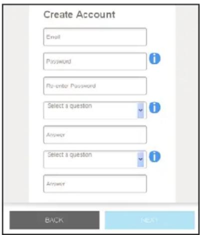 Create Account Email Password No-order Password Select a question Answer Select a question Answer BACK NEXT