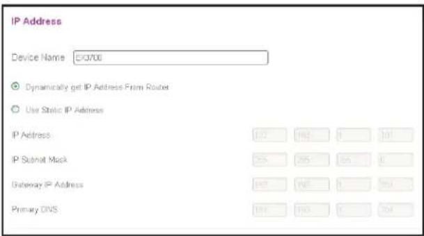 IP Address Device Name: 0/0/00 ● Dynamically get IP Address From Router ○ Use Static IP Address IP Address: 102 196 0 304 IP Subnet Mask: 55 205 66 0 Gateway IP Address: 107 196 0 304 Primary DNS: 104 196 0 304