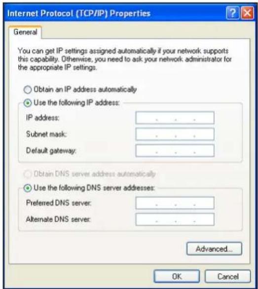 Internet Protocol (TCP/IP) Properties General You can get IP settings assigned automatically if your network supports this capability. Otherwise, you need to ask your network administrator for the appropriate IP settings. Obtain an IP address automatically Use the following IP address: IP address: .... Subnet mask: .... Default gateway: .... Obtain DNS server address automatically Use the following DNS server addresses: Preferred DNS server: .... Alternate DNS server: .... Advanced... OK Cancel