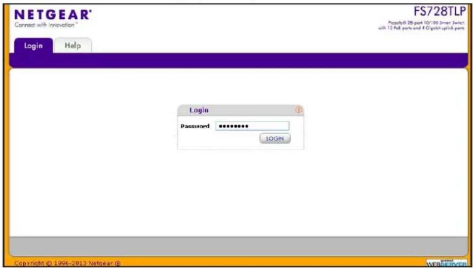NETGEAR® Connect with innovation™ FS728TLP Pass46:28-port 10/100 Smart Switch with 12 Full ports and 4 Gipolar uptick ports Login Help Login Password ****** LOGIN Copyright © 1996-2012 Netgear © WEBSERVER