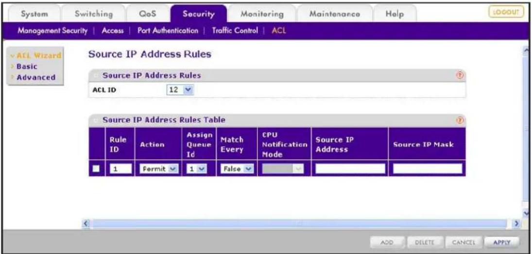 System Switching QoS Security Monitoring Maintenance Help MANAGEMENT SECURITY | Access | Port Authentication | Traffic Control | ACL ✓ ACL Wizard > Basic > Advanced Source IP Address Rules Source IP Address Rules ACL ID 12 ✓ Source IP Address Rules Table Rule ID Action Assign Queue Id Match Every CPU Notification Mode Source IP Address Source IP Mask 1 Permit 1 False ADD DELETE CANCEL APPLY