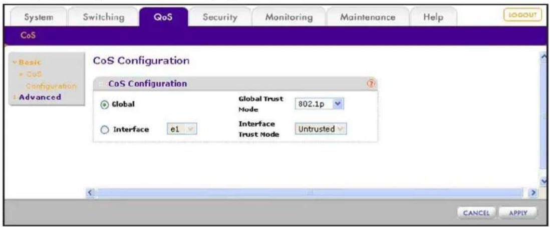 System Switching QoS Security Monitoring Maintenance Help COS Basic CoS Configuration Advanced CoS Configuration CoS Configuration Global Global Trust 802.1p Mode Interface Untrusted Interface e1 Trust Mode