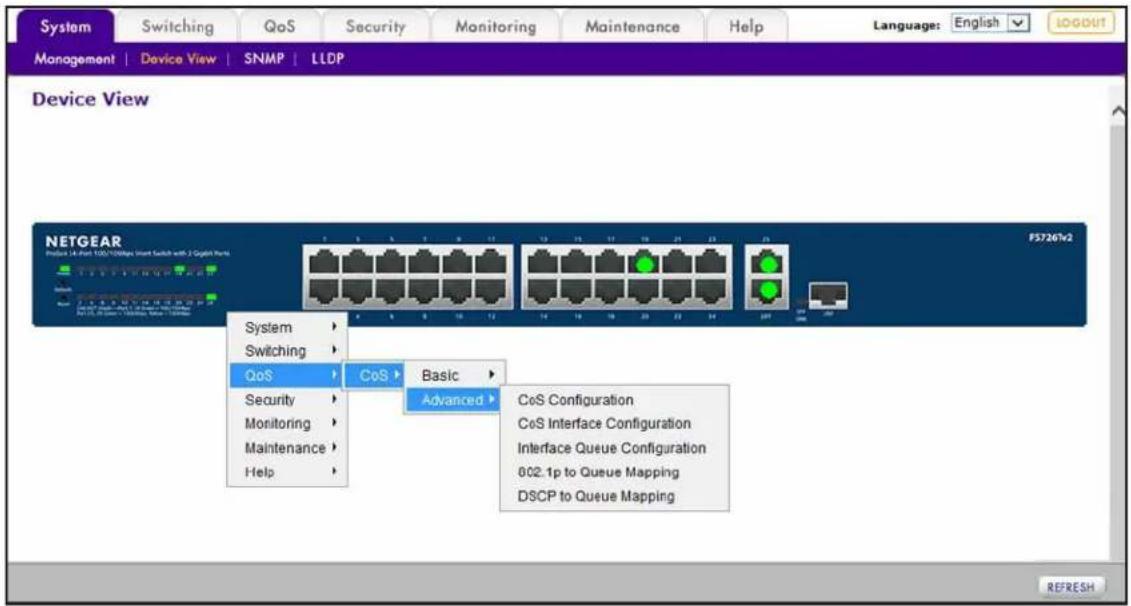 System Switching QoS Security Monitoring Maintenance Help Language: English MANAGEMENT | Device View | SNMP | LLDP Device View NETGEAR Probe 14-Part 100/10Warp Insert Switch with 2 Gbps Ports F57267x2 System Switching QoS CoS Basic Advanced CoS Configuration CoS Interface Configuration Interface Queue Configuration 802.1p to Queue Mapping DSCP to Queue Mapping REFRESH