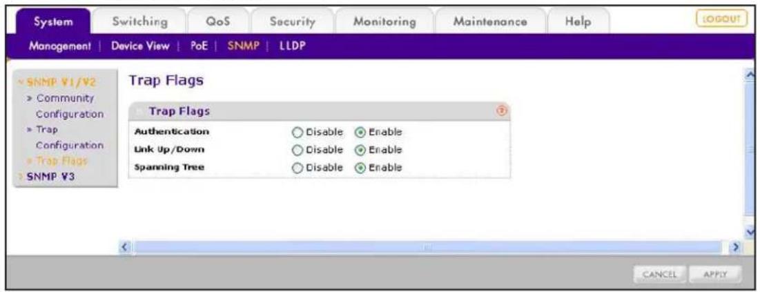 System Switching QoS Security Monitoring Maintenance Help MANAGEMENT | Device View | PoE | SNMP | LLDP SNMP ¥1/V2 Community Configuration Trap Configuration Trap Flags SNMP ¥3 Trap Flags Trap Flags Authentication Disable Enable Link Up/Down Disable Enable Spanning Tree Disable Enable CANCEL APPLY