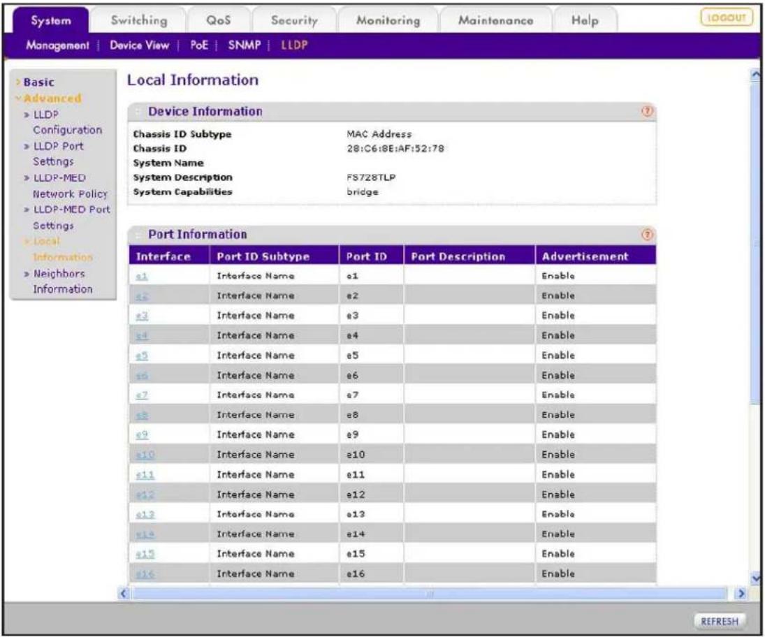 System Switching QoS Security Monitoring Maintenance Help MANAGEMENT | Device View | PoE | SNMP | LLDP Local Information Device Information Chassis ID Subtype MAC Address Chassis ID 28:C6:8E:AF:52:78 System Name System Description FS728TLP System Capabilities bridge Port Information Interface Port ID Subtype Port ID Port Description Advertisement e1 Interface Name e1 Enable e2 Interface Name e2 Enable e3 Interface Name e3 Enable e4 Interface Name e4 Enable e5 Interface Name e5 Enable e6 Interface Name e6 Enable e7 Interface Name e7 Enable e8 Interface Name e8 Enable e9 Interface Name e9 Enable e10 Interface Name e10 Enable e11 Interface Name e11 Enable e12 Interface Name e12 Enable e13 Interface Name e13 Enable e14 Interface Name e14 Enable e15 Interface Name e15 Enable e16 Interface Name e16 Enable REFRESH