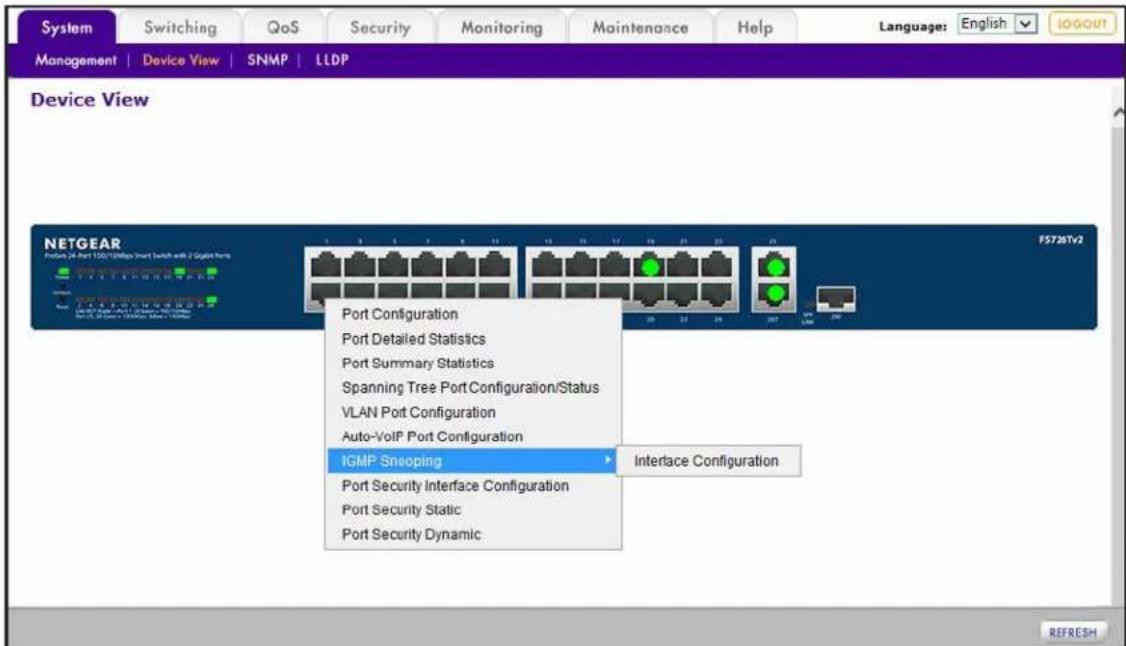 System Switching QoS Security Monitoring Maintenance Help Language: English MANAGEMENT | Device View | SNMP | LLDP Device View F5720Tv2 NETGEAR Port Configuration Port Detailed Statistics Port Summary Statistics Spanning Tree Port Configuration/Status VLAN Port Configuration Auto-VoIP Port Configuration IGMP Snooping Interface Configuration Port Security Interface Configuration Port Security Static Port Security Dynamic REFRESH