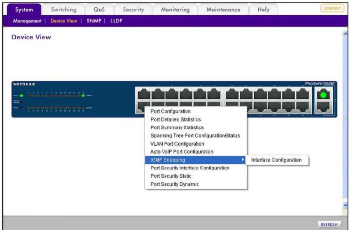System Switching QoS Security Monitoring Maintenance Help MANAGEMENT | Device View | SNMP | LLDP Device View NETGEAR PROSAFE FSS26T Port Configuration Port Detailed Statistics Port Summary Statistics Spanning Tree Port Configuration/Status VLAN Port Configuration Auto-VoIP Port Configuration IGMP Snooping Interface Configuration Port Security Interface Configuration Port Security Static Port Security Dynamic REFRESH