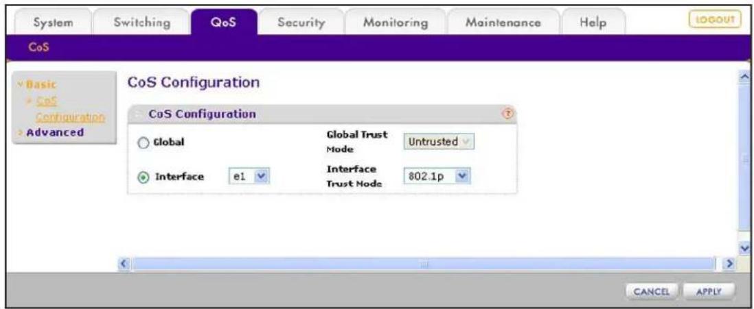 System Switching QoS Security Monitoring Maintenance Help COS Basic CoS Configuration Advanced CoS Configuration CoS Configuration Global Global Trust Untrusted Node Interface e1 Interface 802.1p Trust Node CANCEL APPLY