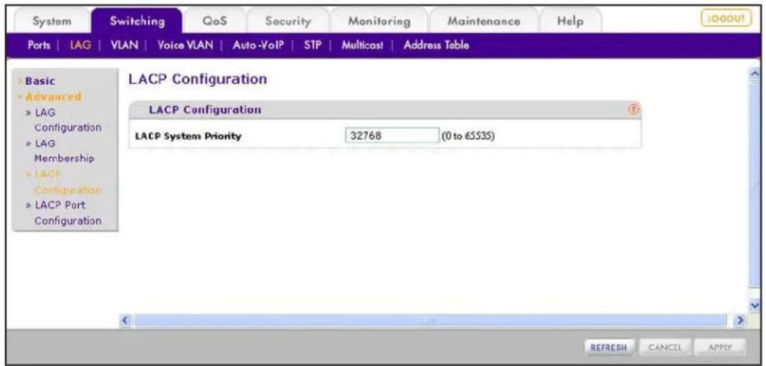 System Switching QoS Security Monitoring Maintenance Help Ports | IAG | VLAN | Voice VLAN | Auto-VoIP | STP | Multicast | Address Table Basic Advanced LAG Configuration LAG Membership LACP Configuration LACP Port Configuration LACP Configuration LACP System Priority 32768 (0 to 6553S) REFRESH CANCEL APPLY