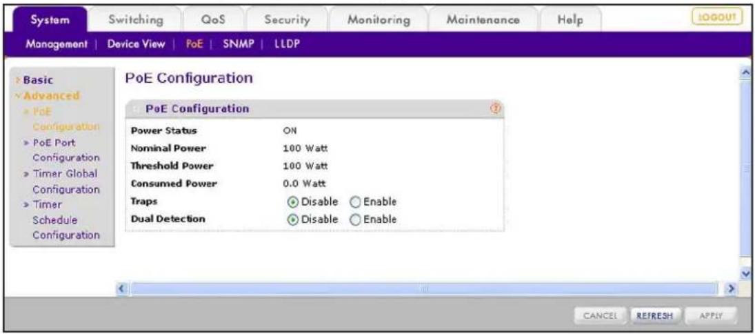 System Switching QoS Security Monitoring Maintenance Help MANAGEMENT | Device View | PoE | SNMP | LLDP PoE Configuration PoE Configuration Power Status ON Nominal Power 100 Watt Threshold Power 100 Watt Consumed Power 0.0 Watt Traps Disable Enable Dual Detection Disable Enable CANCEL REFRESH APPLY