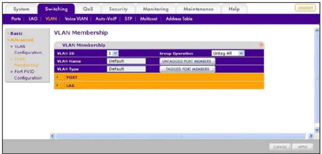 System Switching QoS Security Monitoring Maintenance Help Ports | LAG | VLAN | Voice VLAN | Auto-VoIP | STP | Multicast | Address Table Basic Advanced VLAN Configuration VLAN Membership Port PVID Configuration VLAN Membership VLAN ID 1 Group Operation Untag All VLAN Name Default UNTAGGED PORT MEMBERS VLAN Type Default TAGGED PORT MEMBERS PORT LAG CANCEL APPLY