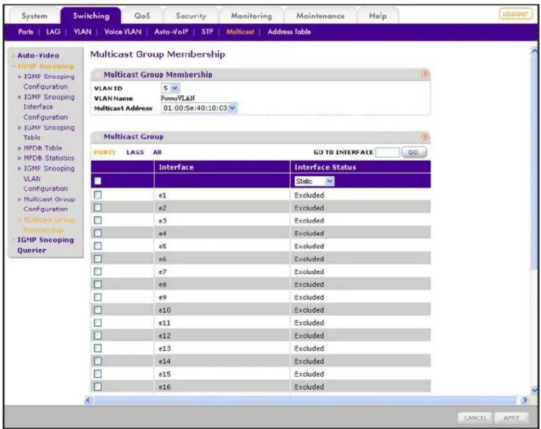 System Switching QoS Security Monitoring Maintenance Help Ports | LAG | VLAN | Voice VLAN | Auto-VoIP | STP | Multicast | Address Table Auto-Video IGMP Snooping IGMP Snooping Configuration IGMP Snooping Interface Configuration IGMP Snooping Table MFDB Table MFDB Statistics IGMP Snooping VLAN Configuration Multicast Group Configuration Multicast Group Membership IGMP Snooping Querier Multicast Group Membership Multicast Group Membership VLAN ID 5 VLAN Name PowerVLAN Multicast Address 01:00:5e:40:10:03 Multicast Group PORTS LAGS All GO TO INTERFACE GO Interface Interface Status Static e1 Excluded e2 Excluded e3 Excluded e4 Excluded e5 Excluded e6 Excluded e7 Excluded e8 Excluded e9 Excluded e10 Excluded e11 Excluded e12 Excluded e13 Excluded e14 Excluded e15 Excluded e16 Excluded CANCEL APPLY