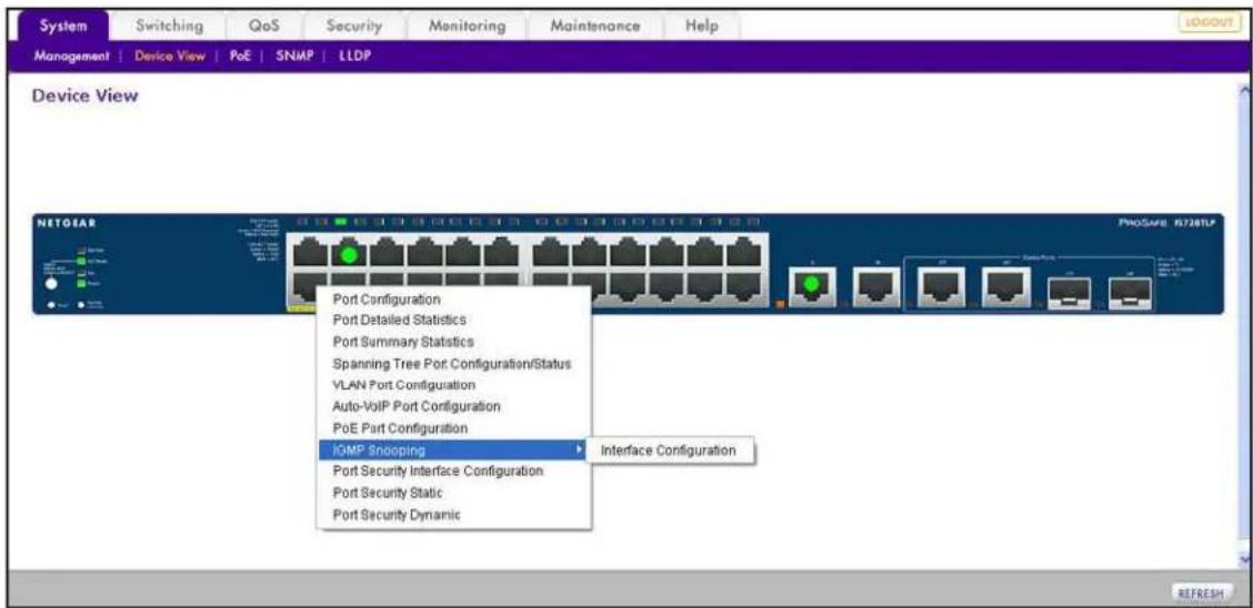 System Switching QoS Security Monitoring Maintenance Help MANAGEMENT | Device View | PoE | SNMP | LLDP Device View NetOSAR Port Configuration Port Detailed Statistics Port Summary Statistics Spanning Tree Port Configuration/Status VLAN Port Configuration Auto-VolP Port Configuration PoE Port Configuration iOMP Snooping Interface Configuration Port Security Interface Configuration Port Security Static Port Security Dynamic