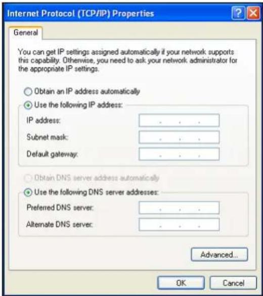 Internet Protocol (TCP/IP) Properties General You can get IP settings assigned automatically if your network supports this capability. Otherwise, you need to ask your network administrator for the appropriate IP settings. Obtain an IP address automatically Use the following IP address: IP address: .... Subnet mask: .... Default gateway: .... Obtain DNS server address automatically Use the following DNS server addresses: Preferred DNS server: .... Alternate DNS server: .... Advanced... OK Cancel
